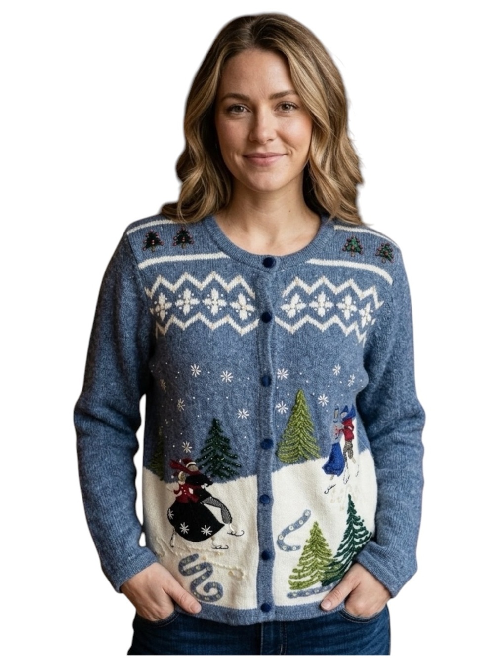 Winter Scene Vintage Sweater Cardigan Embroidered Beaded Reference Point Medium
